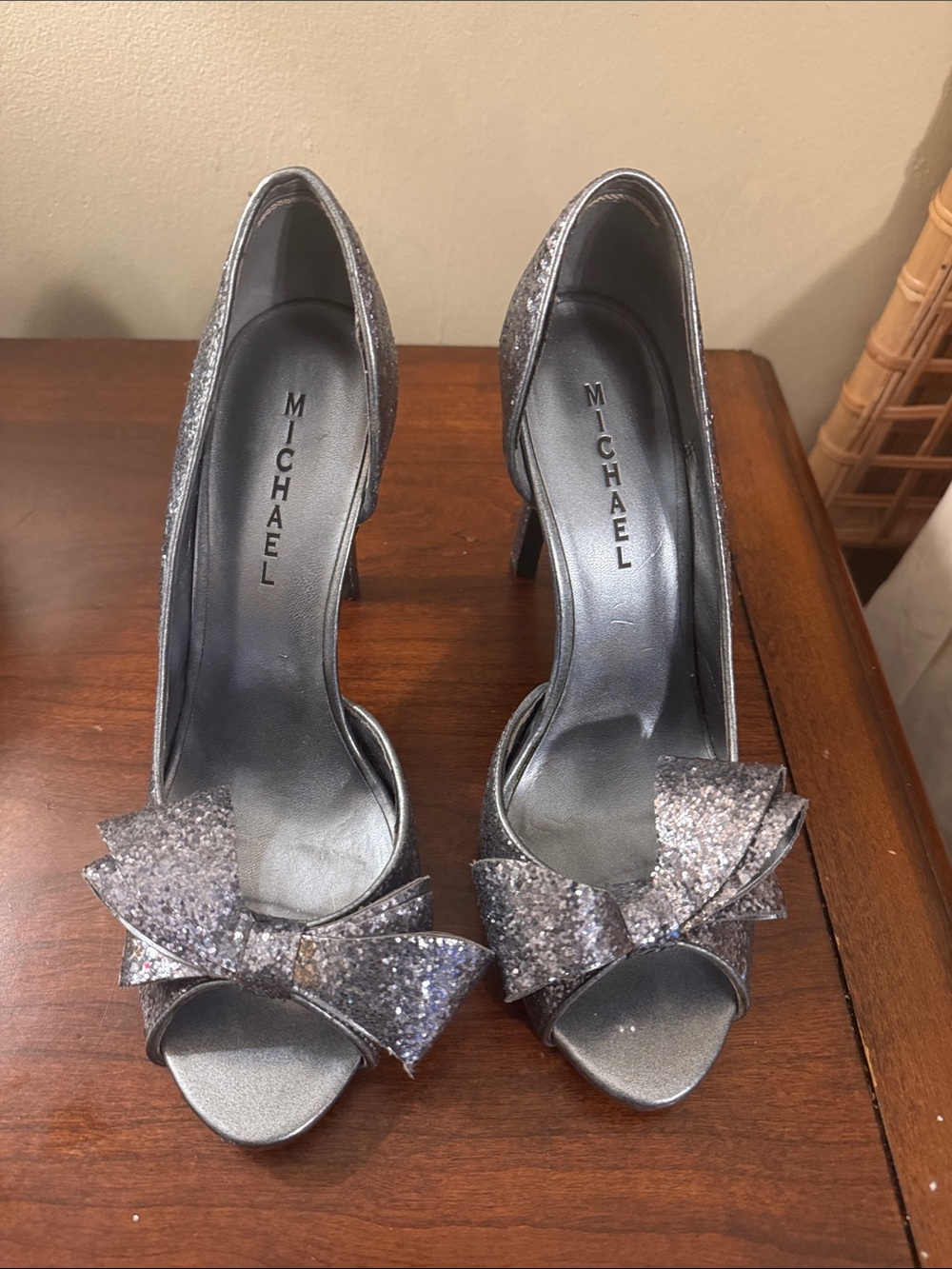 Michael Antonio Silver Glitter Bow Peep Toe Heels